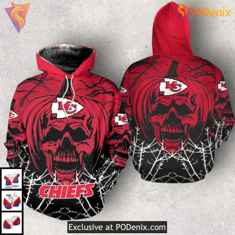 Skull Pumpkin Halloween Kansas City Chiefs Hoodie For Men, Custom 3D Apparel - 1