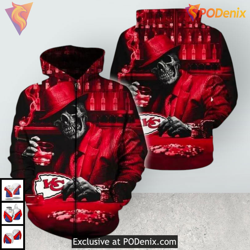 Skull With Card Art Kc Chiefs Hoodie, 3D Zip Up Edition for NFL Fans Skull With Card Art Kc Chiefs Hoodie, 3D Zip Up Edition for NFL Fans