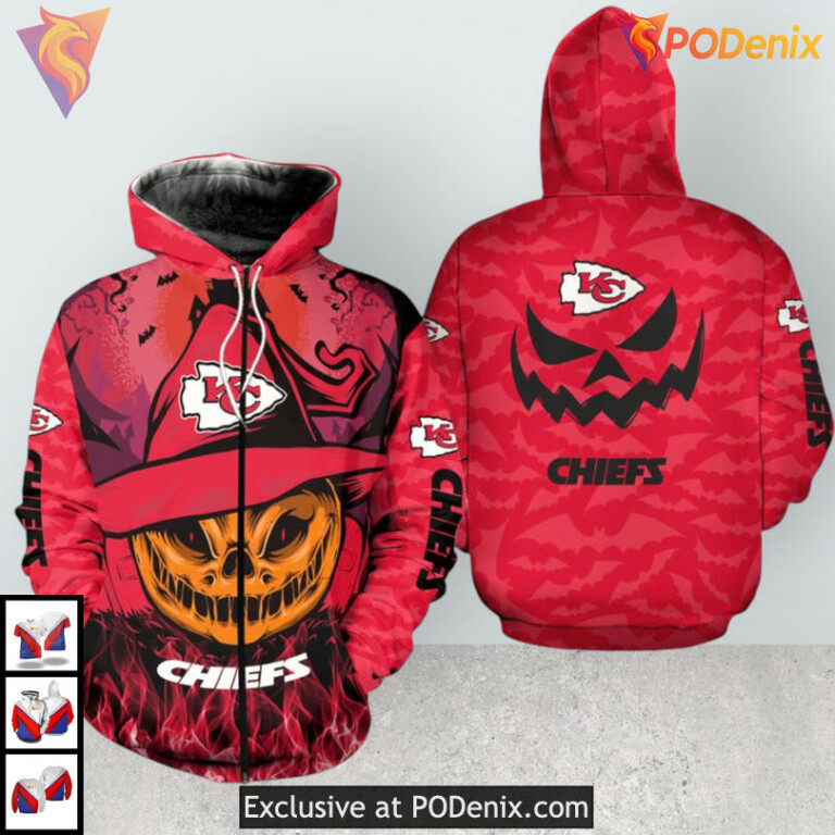 Smiling Pumpkin Halloween Kansas City Chief Hoodie, Zip Up Fleece 3D Style for Fans