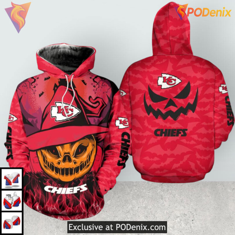 Smiling Pumpkin Halloween Kansas City Chief Hoodie, Zip Up Fleece 3D Style for Fans - 1