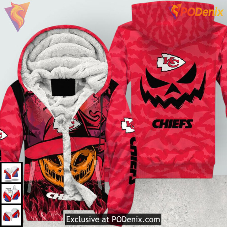 Smiling Pumpkin Halloween Kansas City Chief Hoodie, Zip Up Fleece 3D Style for Fans - 2