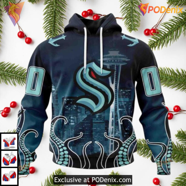 Space Needle Skyline Inspired Artwork Seattle Kraken Christmas Hoodie 3D Custom