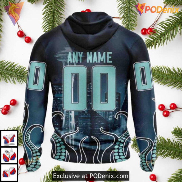 Space Needle Skyline Inspired Artwork Seattle Kraken Christmas Hoodie 3D Custom - 1