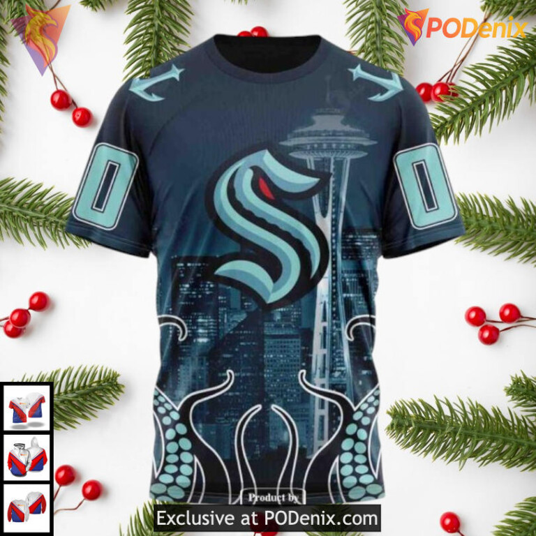 Space Needle Skyline Inspired Artwork Seattle Kraken Christmas Hoodie 3D Custom - 2