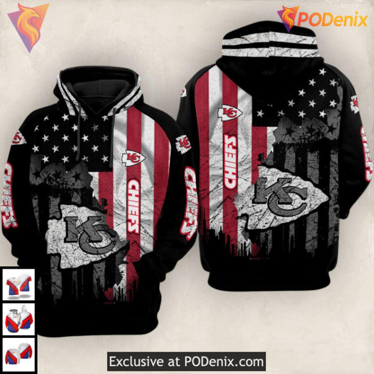 Stars and Stripes Kansas City Chiefs Youth Hoodie, American Flag Fan Gear 3D Style - 1