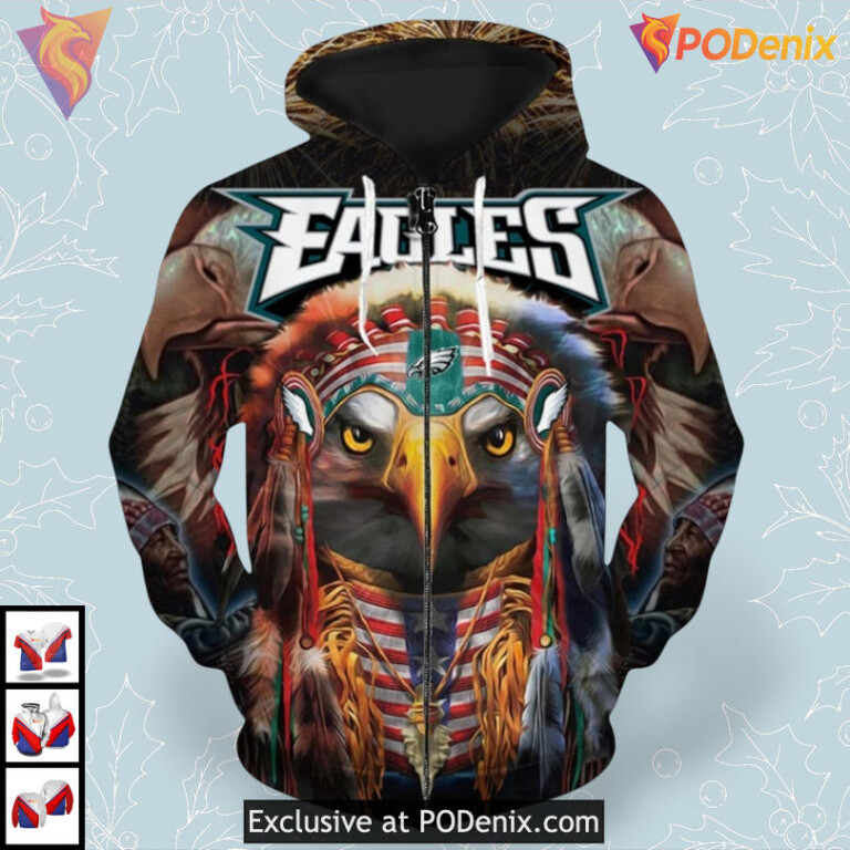 Tribal Eagle Portrait Artwork Philadelphia Eagles Hoodies Retro Zip Up Edition