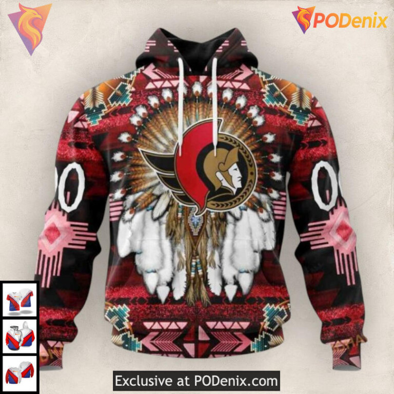 Tribal Native Costume Artwork NHL Custom Number Ottawa Senators Hoodie 3D