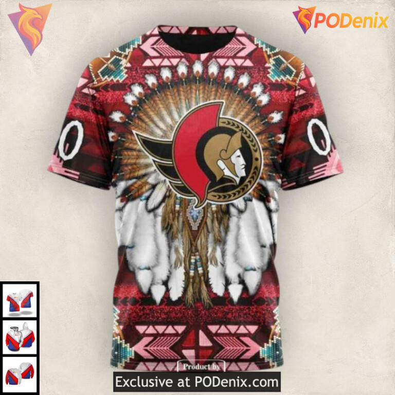 Tribal Native Costume Artwork NHL Custom Number Ottawa Senators Hoodie 3D - 2