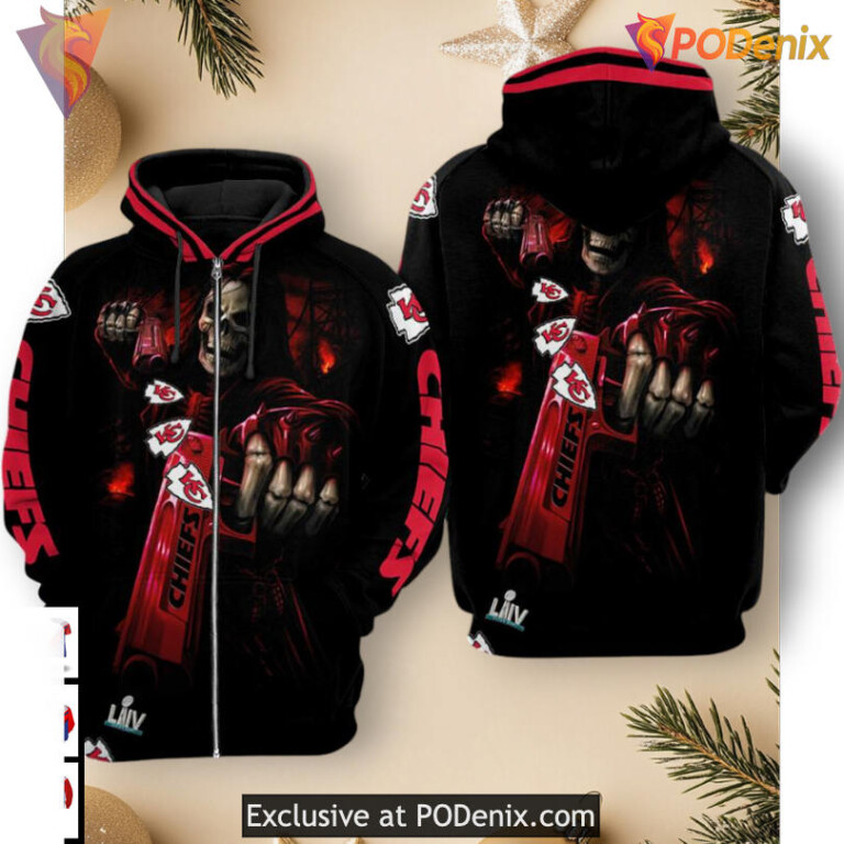 Undead Gun Red Black Kansas City Chiefs Hoodies For Men, Custom 3D Design - 1