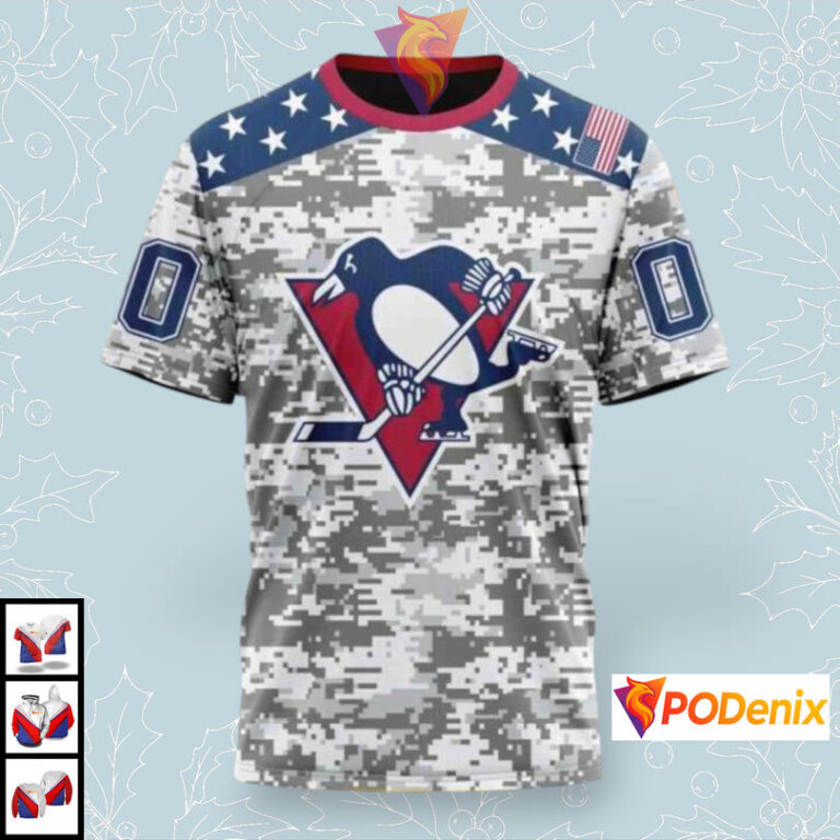 Veterans Day Military Camo Design Custom Pittsburgh Penguins Youth Hoodie NHL Apparel - 2
