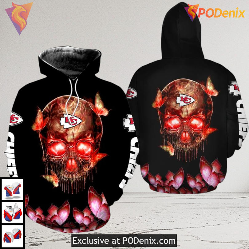 Vintage Kansas City Chiefs Hoodie Skull Butterfly Fire Art for Chiefs Fans Vintage Kansas City Chiefs Hoodie Skull Butterfly Fire Art for Chiefs Fans