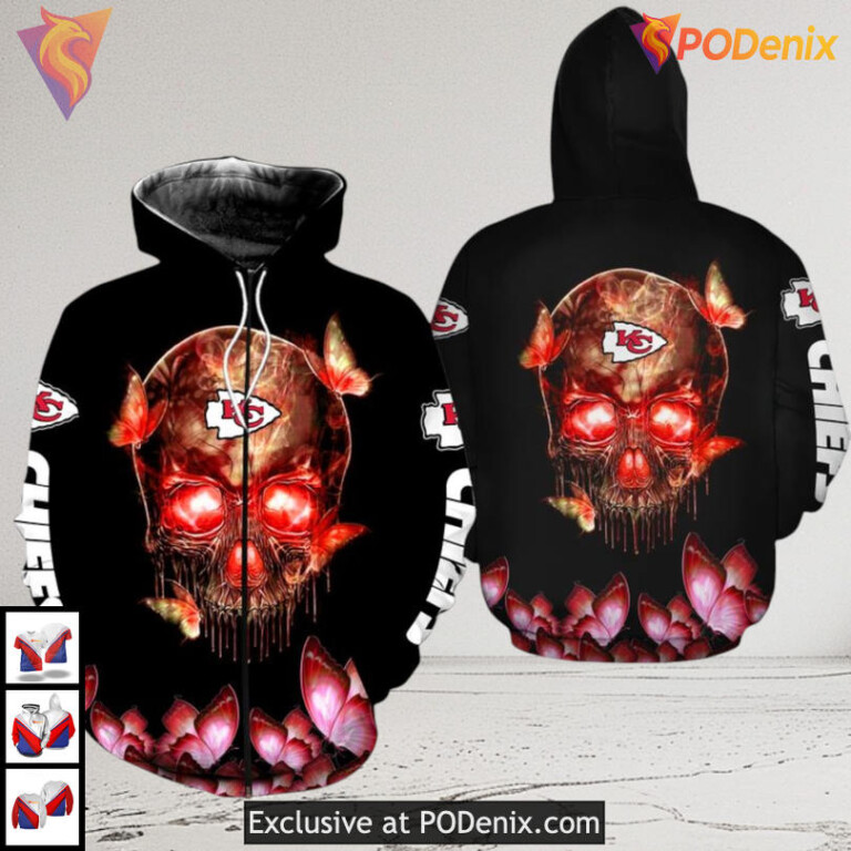 Vintage Kansas City Chiefs Hoodie Skull Butterfly Fire Art for Chiefs Fans - 2