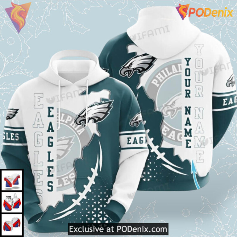 White Green Logo Design Philadelphia Eagles Full Zip Hoodie Custom Name Edition