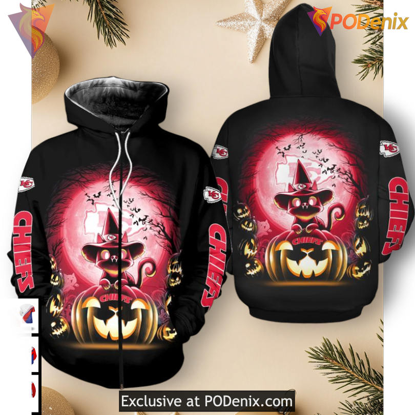 Witch Cat Halloween Kc Chiefs Hoodie, Custom Unisex Zip Up 3D Fan Apparel Witch Cat Halloween Kc Chiefs Hoodie, Custom Unisex Zip Up 3D Fan Apparel