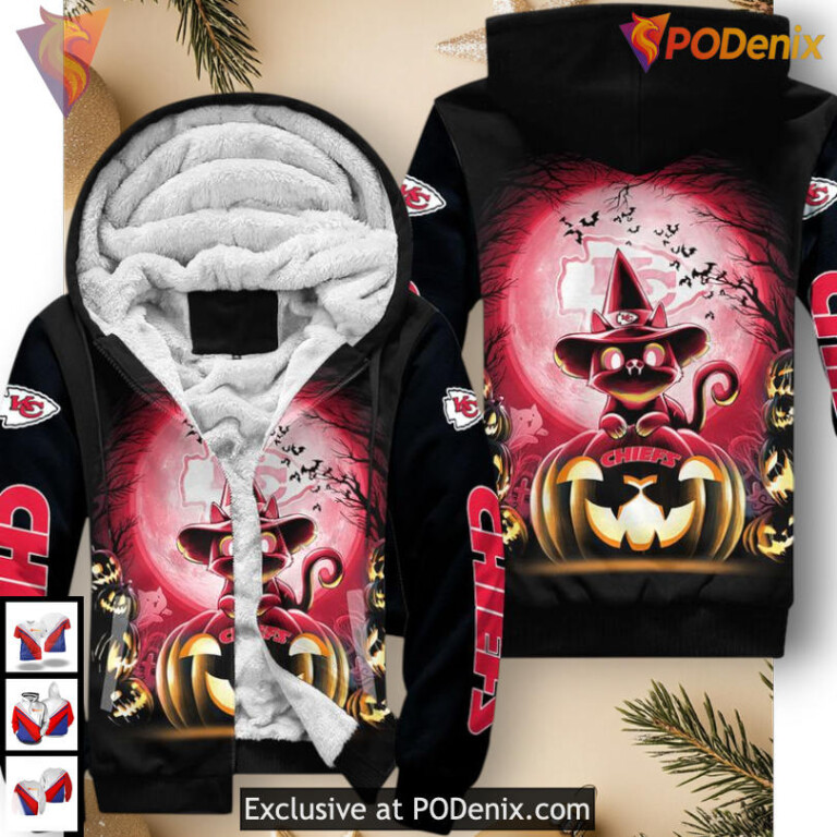 Witch Cat Halloween Kc Chiefs Hoodie, Custom Unisex Zip Up 3D Fan Apparel - 2