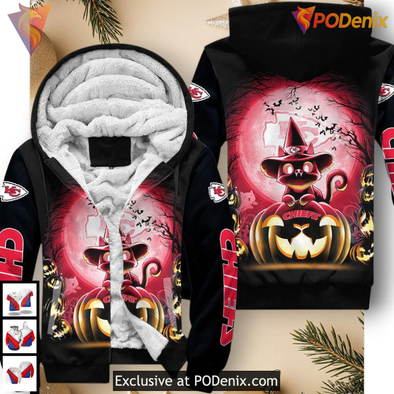 Witch Cat Halloween Kc Chiefs Hoodie, Custom Unisex Zip Up 3D Fan Apparel Witch Cat Halloween Kc Chiefs Hoodie, Custom Unisex Zip Up 3D Fan Apparel