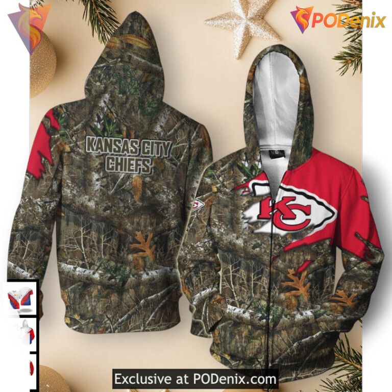 Woodland Camo Hunting Kansas City Chiefs Womens Hoodie, Youth 3D Fan Gear - 1