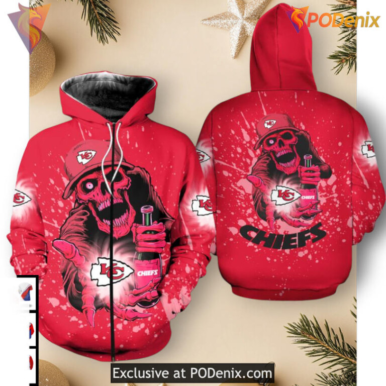 Youth Kansas City Chiefs Hoodie Skull Halloween 3D Edition, Spooky Zip Up Style