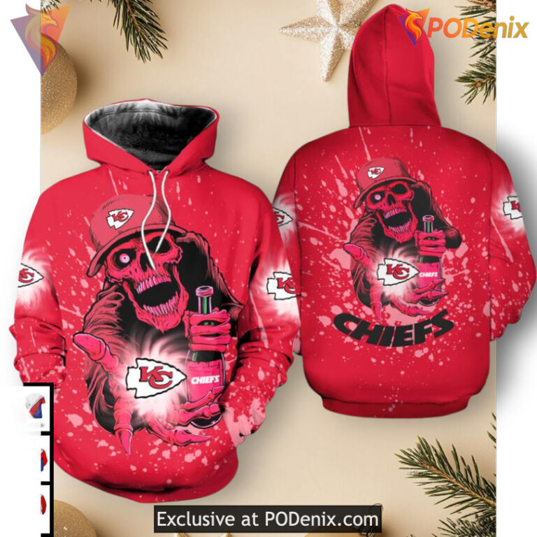 Youth Kansas City Chiefs Hoodie Skull Halloween 3D Edition, Spooky Zip Up Style - 1