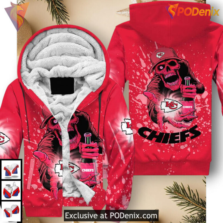 Youth Kansas City Chiefs Hoodie Skull Halloween 3D Edition, Spooky Zip Up Style - 2