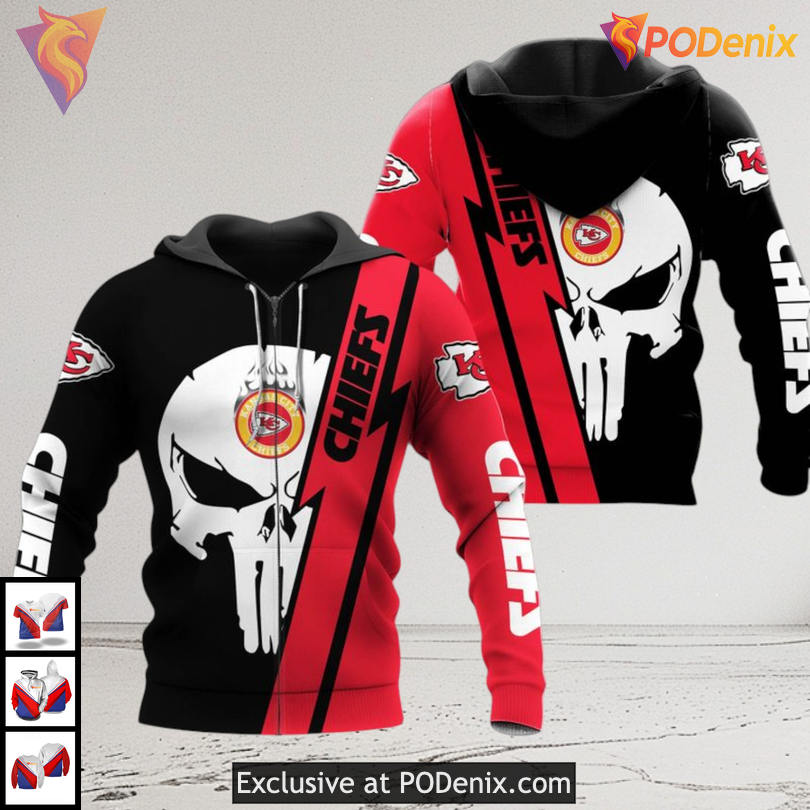 Youth Kansas City Chiefs Hoodie with Skull Punisher Fearless Fan Artwork Youth Kansas City Chiefs Hoodie with Skull Punisher Fearless Fan Artwork
