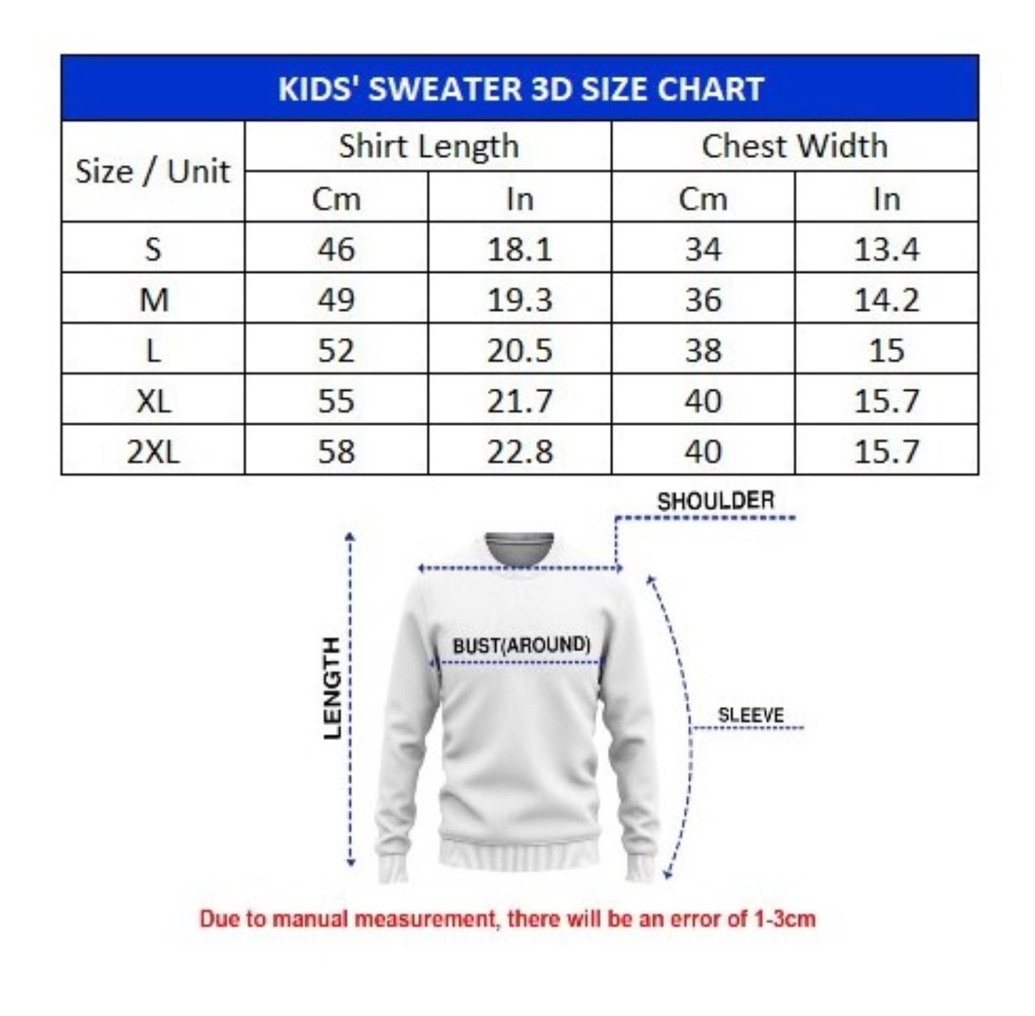 Kids 3D Sweater Size Chart