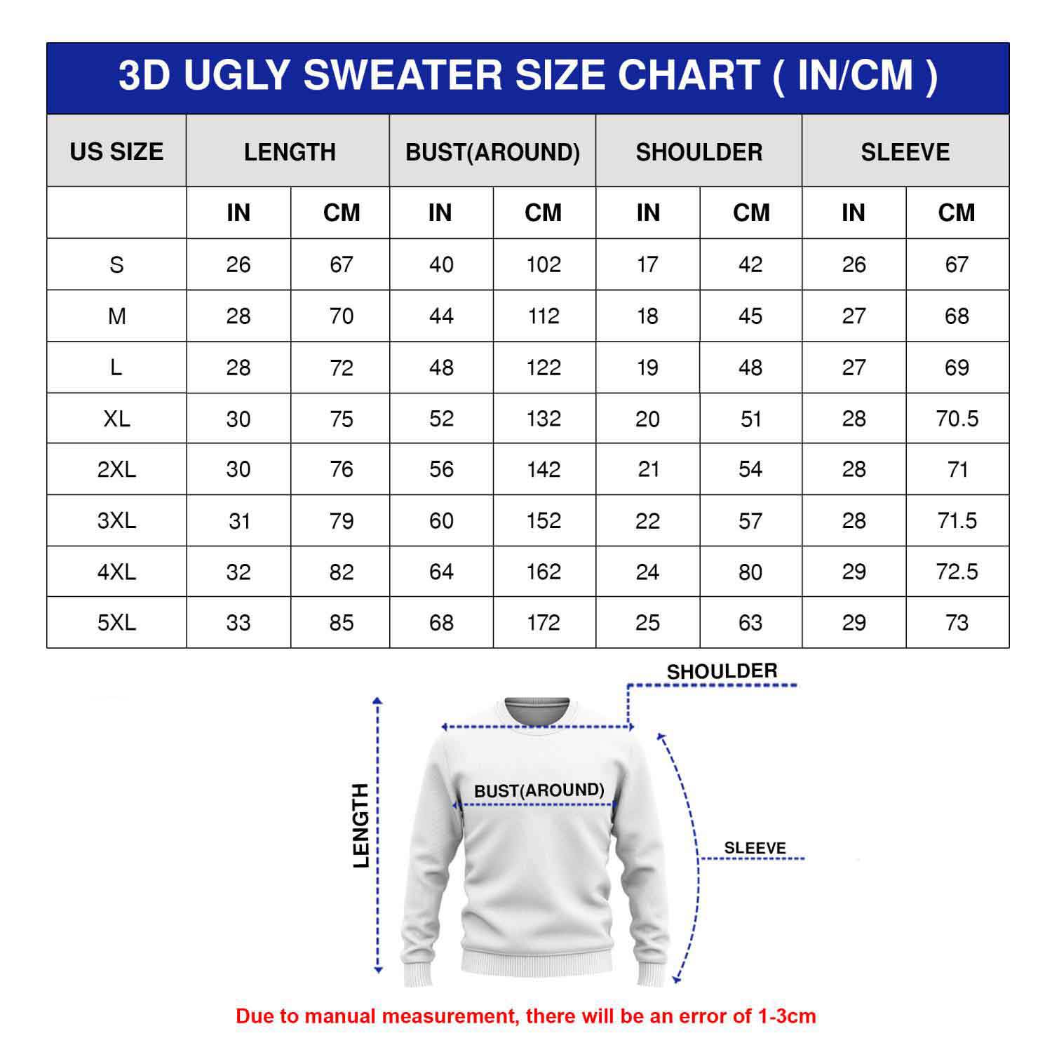 3D Ugly Sweater Size Chart