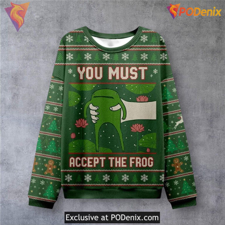 Accept The Frog Meme Quote Holiday Christmas Sweater Weird Humor Festive Style