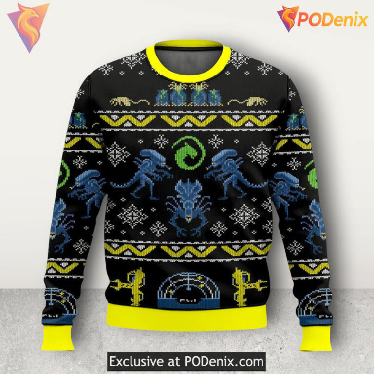 Alien Xenomorph Creature Sci Fi Horror Design Classic Holiday Ugly Christmas Sweater