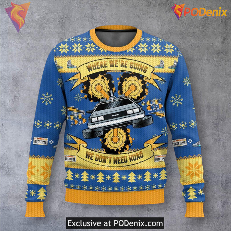 Back To The Future Road Line Retro Xmas Sweater Classic Movie Fan Holiday Gift