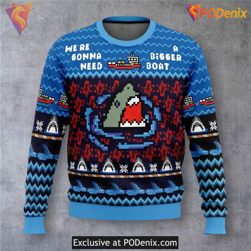 Bigger Boat Jaws Movie Quote Ugly Holiday Sweater Shark Parody Xmas Theme