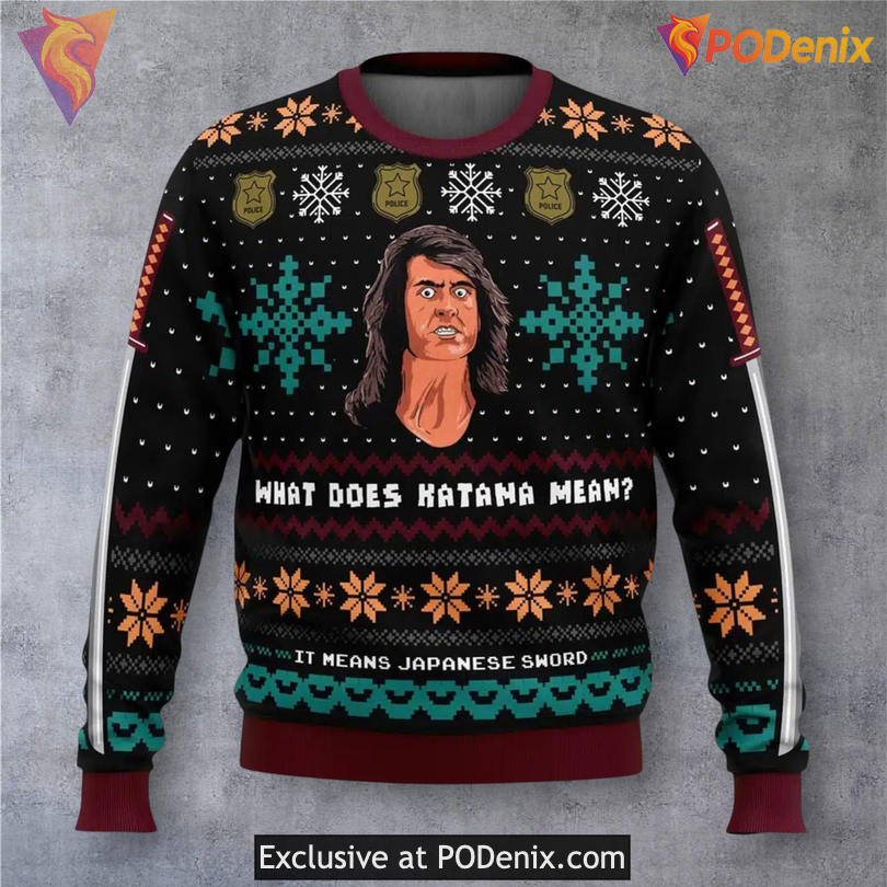 Katana Samurai Cop Movie Line Christmas Sweater Martial Arts Humor Holiday Style