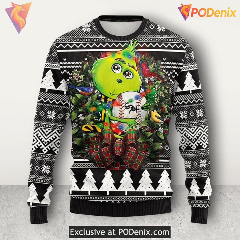 MLB White Sox Grinch Hug Baseball Fan Humor Festive Holiday Christmas Sweater