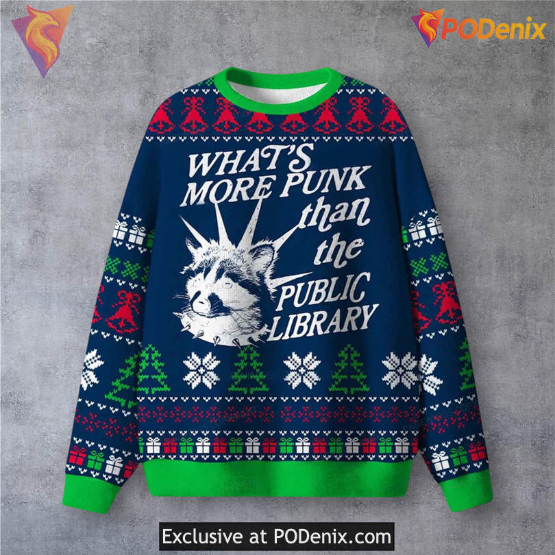 Public Library Punk Reading Joke Ugly Christmas Sweater Nerd Humor Festive Style