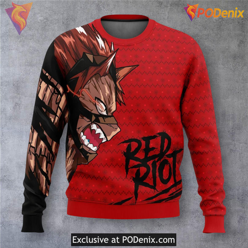 Red Riot Unbreakable Hero MHA Holiday Sweater Anime Action Christmas Theme