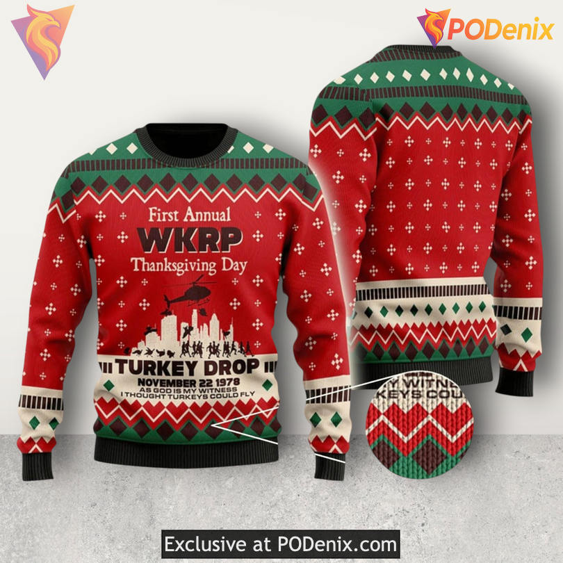 Retro WKRP Turkey Drop TV Episode Parody Festive Holiday Xmas Sweater