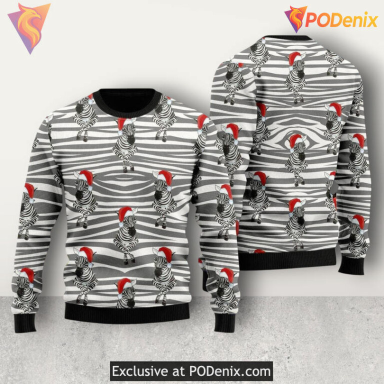 Santa Hat Zebra Cute Animal Cartoon Print Fun Festive Holiday Christmas Sweater