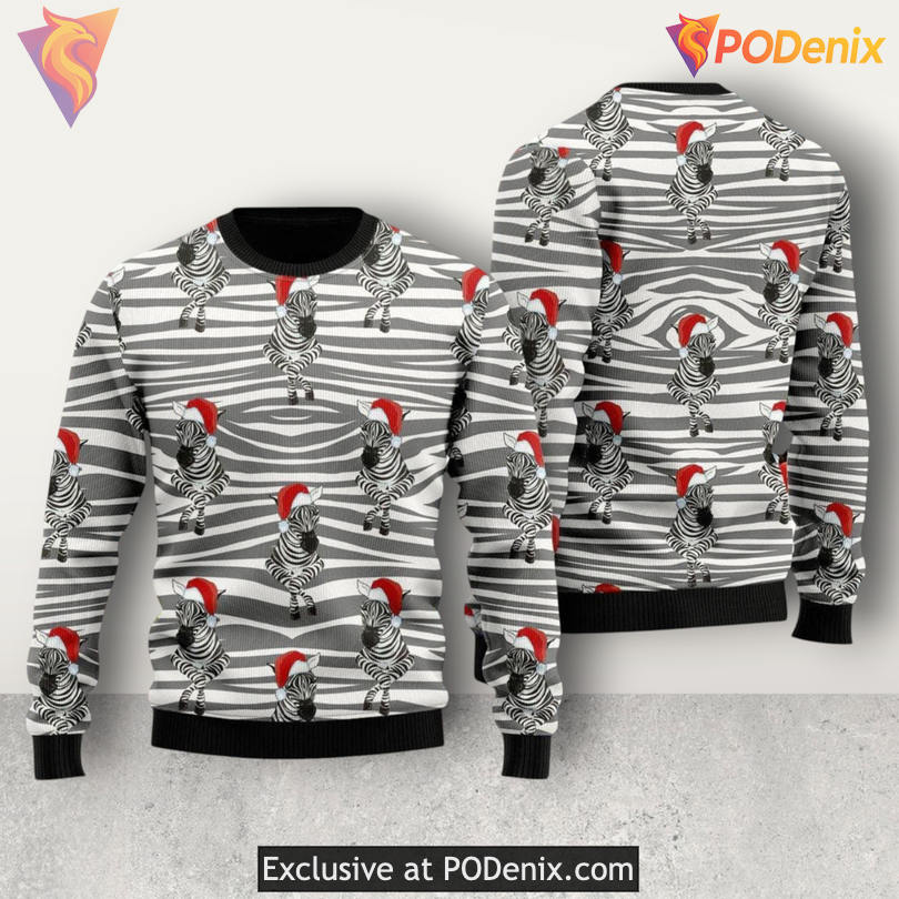 Santa Hat Zebra Cute Animal Cartoon Print Fun Festive Holiday Christmas Sweater