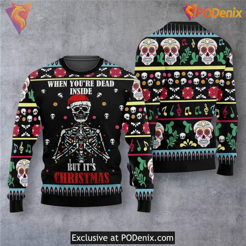 Skeleton Dead Inside Quote Ugly Christmas Sweater Dark Comedy Festive Theme