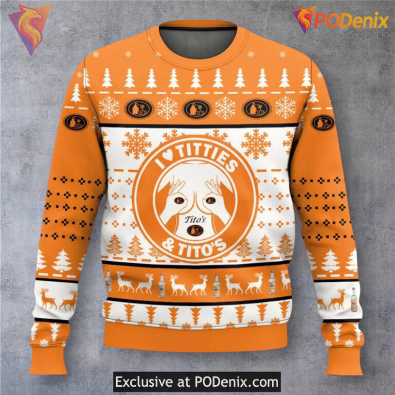 Titos Titties Vodka Parody Funny Xmas Sweater Naughty Humor Holiday Party