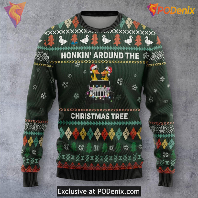 Traveling Duck Honkin Around Tree Funny Xmas Sweater Bird Humor Festive Style