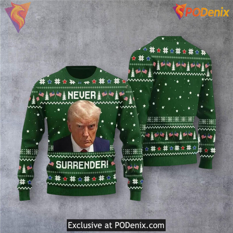 Trump Never Surrender Patriotic Graphic Statement Holiday Christmas Sweater
