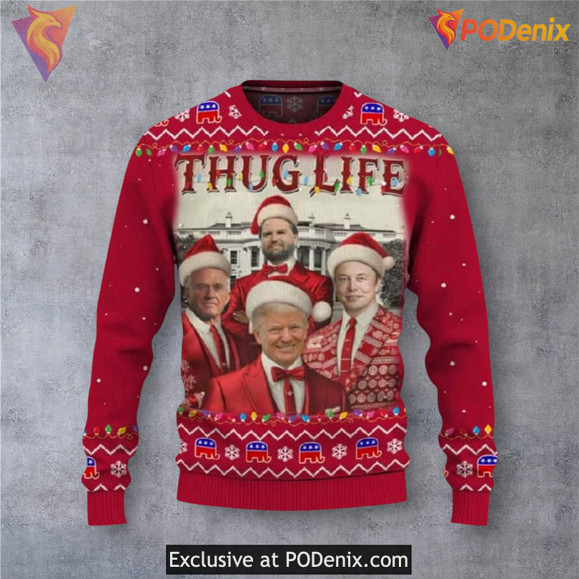 Trump Vance Kennedy Musk Thug Life Parody Graphic Holiday Christmas Sweater