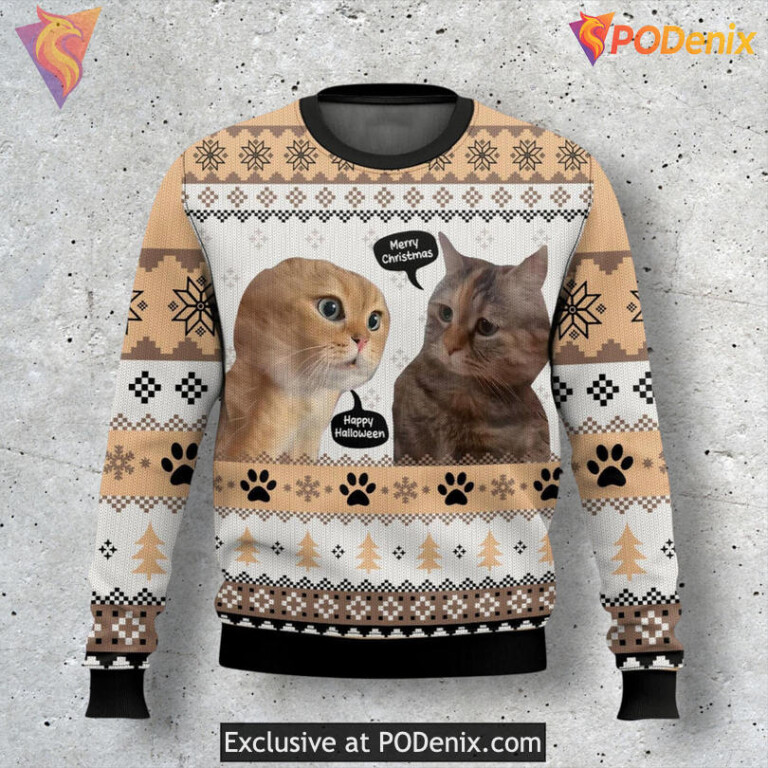 Two Cats Meme Dialogue Graphic Funny Pet Lover Holiday Xmas Sweater