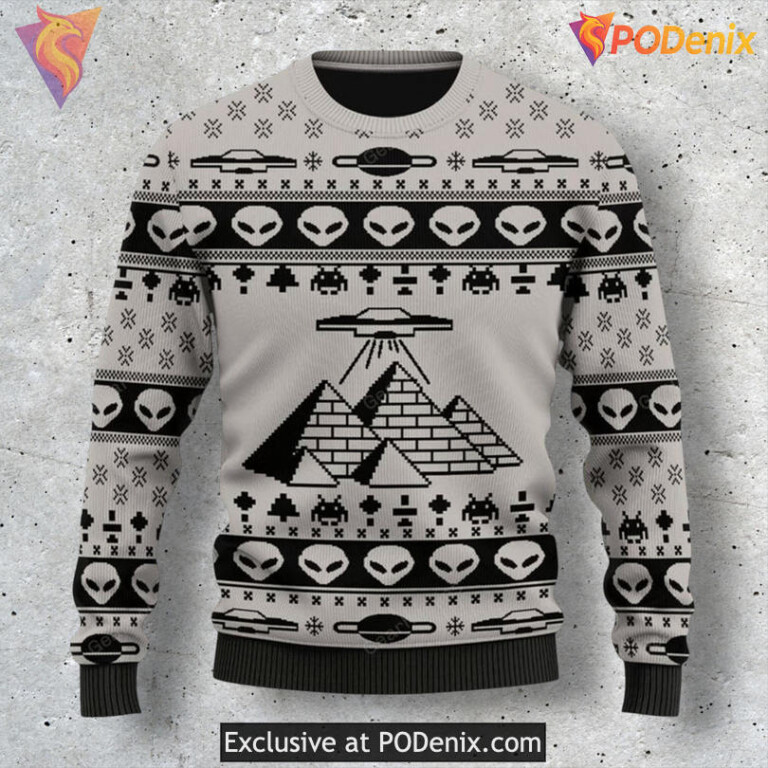 UFO Pyramid Alien Theory Sci Fi Style Festive Holiday Christmas Sweater
