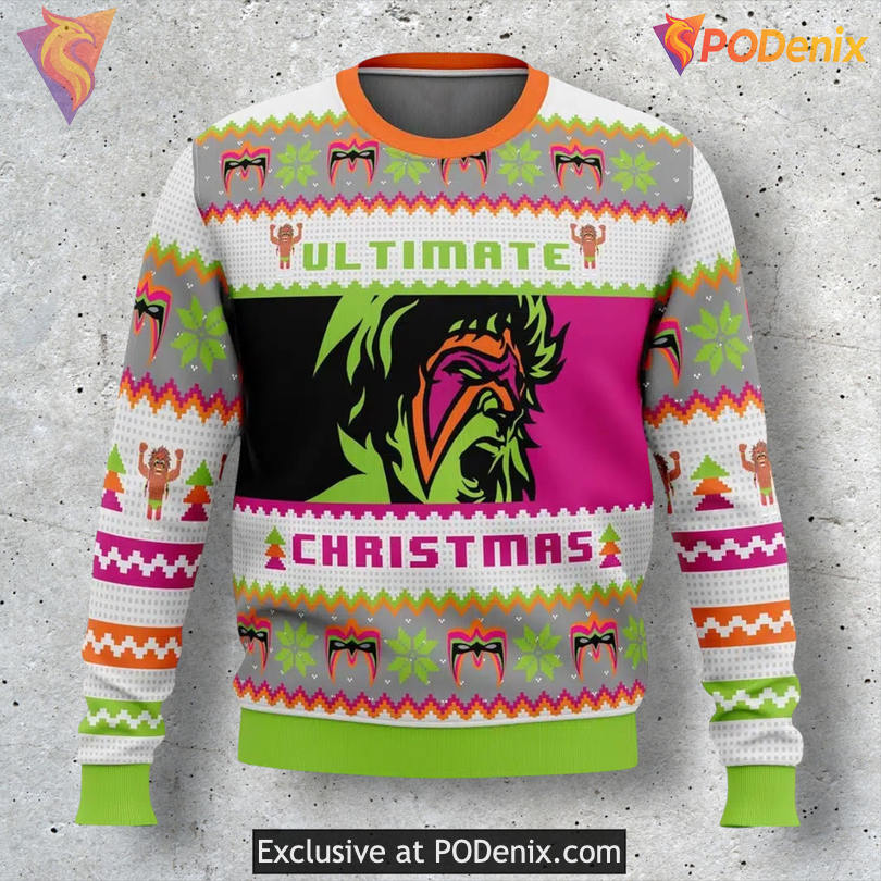 Ultimate Warrior Retro Wrestling Tribute Graphic Holiday Christmas Sweater