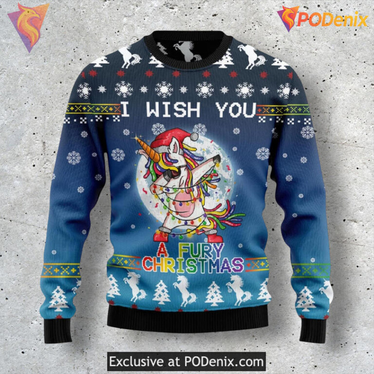 Unicorn Fury Fantasy Creature Graphic 3D Theme Holiday Christmas Sweater
