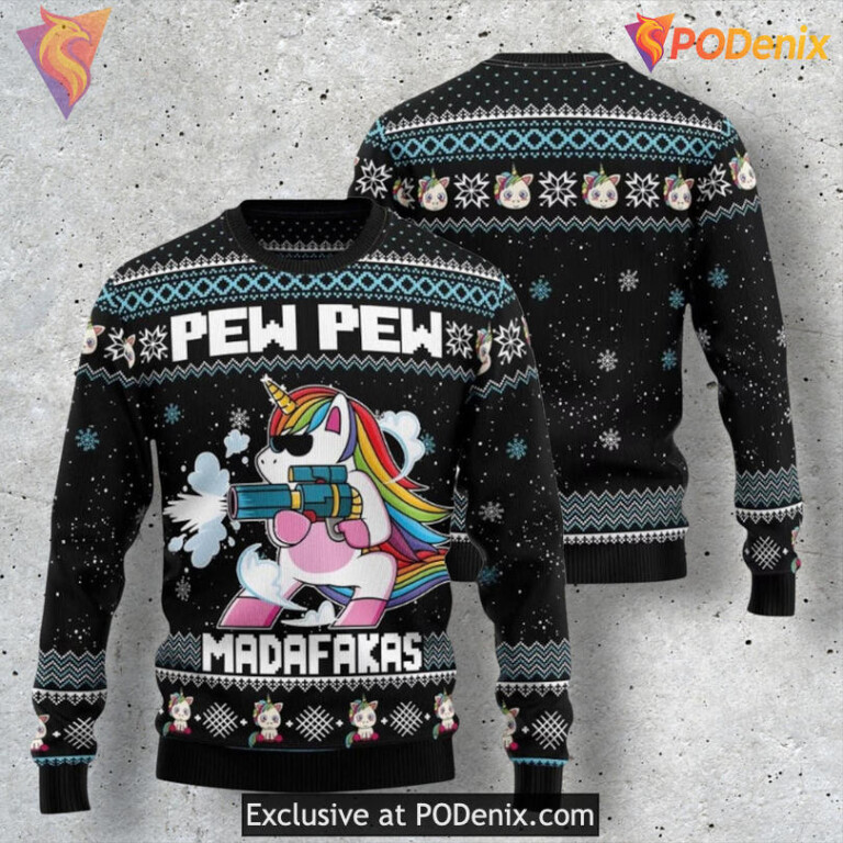 Unicorn Pew Pew Laser Beam Fun Graphic Holiday Christmas Sweater
