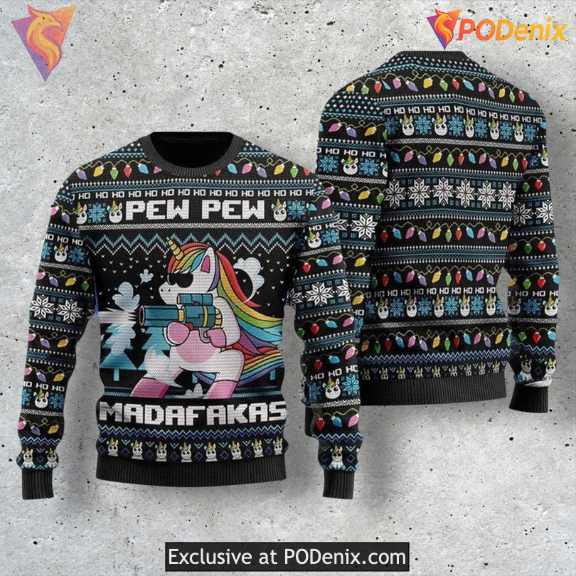 Unicorn Pew Pew Madafakas Laser Gun Joke Graphic Festive Sweater