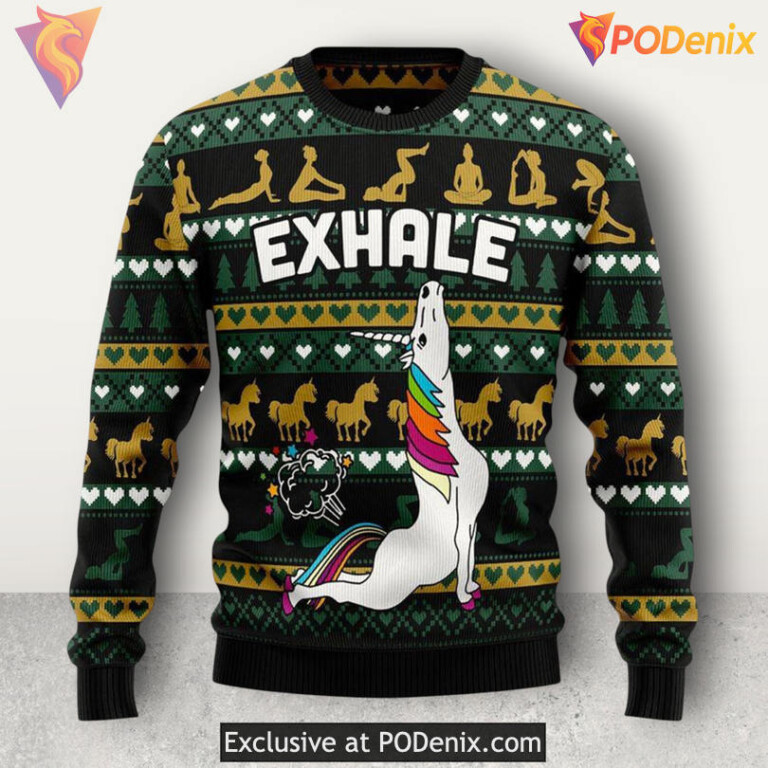Unicorn Yoga Exhale Cute Rainbow Spirit Scene Festive Holiday Xmas Sweater
